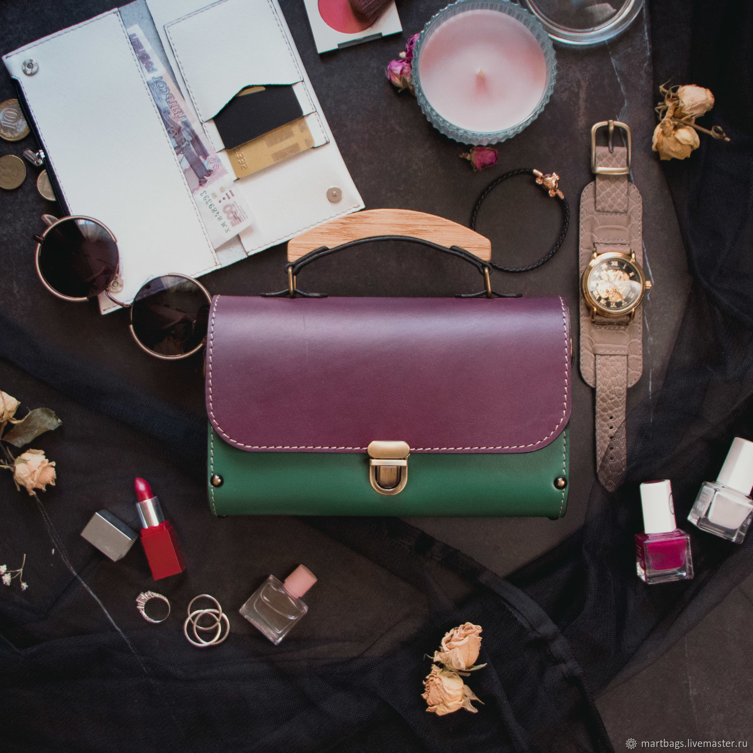 Leather and wood colorfull GF evening clutch bag купить на Ярмарке