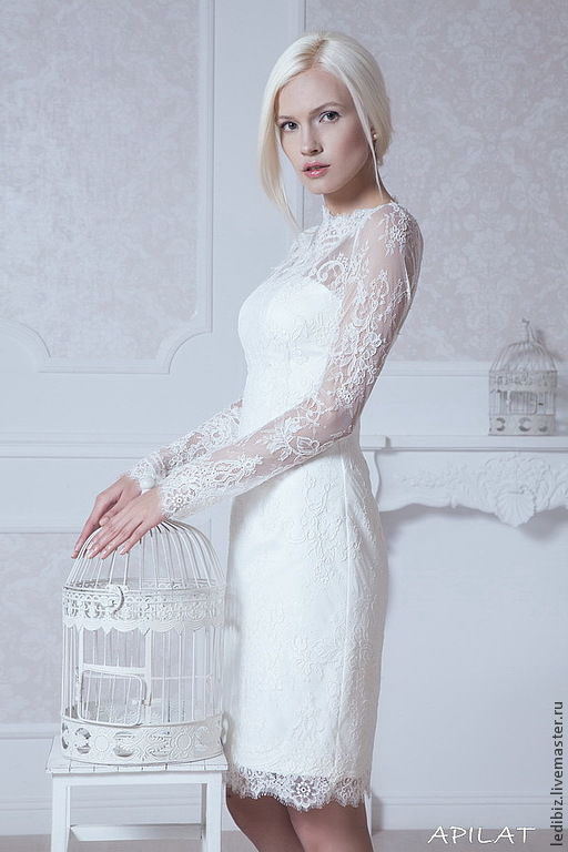 Fitted Style Short Wedding Dress With Long Lace Sleeves M38 Romantic купить на Ярмарке 2120