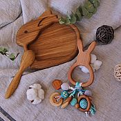 Работы для детей, handmade. Livemaster - original item A gift for the birth of a baby Bunny (rattle, plate, spoon). Handmade.