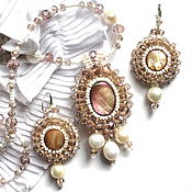 Свадебный салон handmade. Livemaster - original item The set is beaded with pearls and mother of pearl Beige. Pendant, earrings.. Handmade.