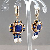 Украшения handmade. Livemaster - original item Blue earrings with lapis lazuli and pearl pendants, cross earrings. Handmade.