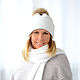 Women's white hat with lapel scarf Set hat with pompom, Caps, Moscow,  Фото №1