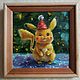 New Year's Pikachu. Miniature framed painting, Pictures, Moscow,  Фото №1