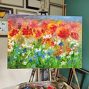 Картины и панно handmade. Livemaster - original item Painting summer landscape yellow red painting flowery meadow poppies daisies. Handmade.