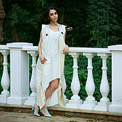 White Linen Embroidered Midi Dress Flax Clothing Knee Length dress