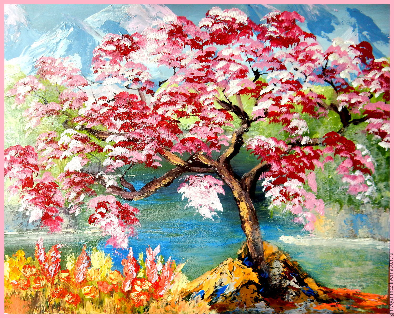 Масло сакуры. Правополушарное рисование Сакура. Цветение Сакуры живопись. Картина цветущее дерево. Японский пейзаж акрилом.