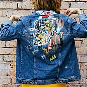 Одежда handmade. Livemaster - original item Painting jeans. Jacket with Basquiat print. Handmade.