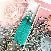 Украшения handmade. Livemaster - original item Earrings - brush, Breakfast at Tiffany`s turquoise mint pearl silk. Handmade.