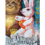 Картины и панно handmade. Livemaster - original item Pictures: Teddy Bear and Bunny (Valentine). Handmade.