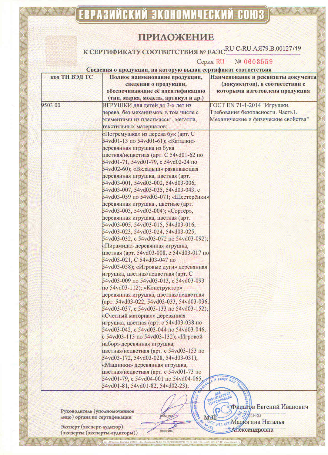 Приложение 1 к сертификату 