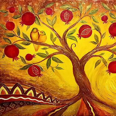 Картины и панно ручной работы. Ярмарка Мастеров - ручная работа Большая интерьерная картина "Гранатовое дерево" в стиле этно. Handmade.