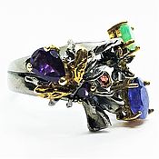 Крупное кольцо с Цветными Турмалинами "Илза"серебро