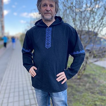 Мужская одежда ручной работы. Ярмарка Мастеров - ручная работа Рубашка из крапивы с капюшоном и вышивкой. Handmade.