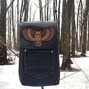 Сумки и аксессуары handmade. Livemaster - original item Denim bag tablet with leather inserts and embossed Owl. Handmade.