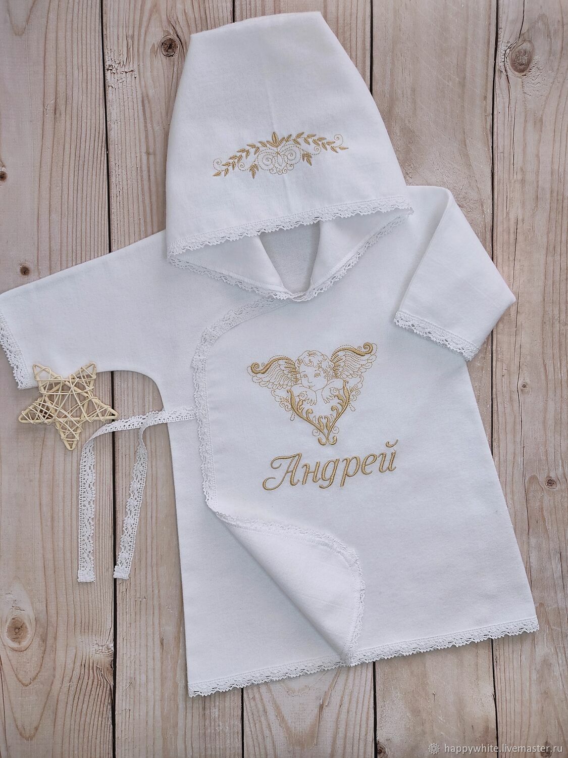 Christening shirt 'Angel' with hood and name embroidery, Baptismal shirts, St. Petersburg,  Фото №1