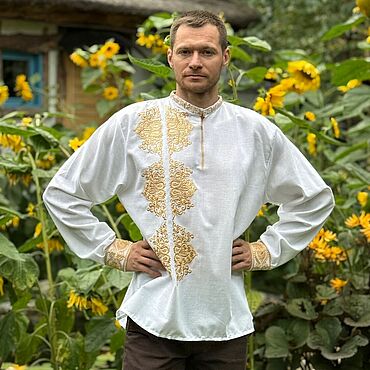 Мужская одежда ручной работы. Ярмарка Мастеров - ручная работа Рубашки мужские: Рубаха-косоворотка мужская  вышитая Золотой Царь-Лебедь. Handmade.