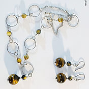 Necklace and earrings with tiger eye and Swarovski crystals