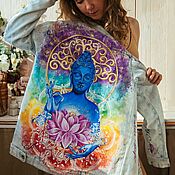 Одежда handmade. Livemaster - original item Denim jacket with Buddha print. Painting customization of clothes. Handmade.