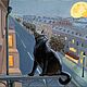 "Тайна луны". Ночной город, чёрный кот, Картины, Москва,  Фото №1