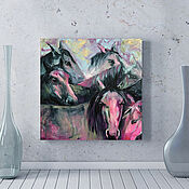 Картины и панно handmade. Livemaster - original item Horse painting, herd of horses, oil painting on canvas 40h40cm. Handmade.