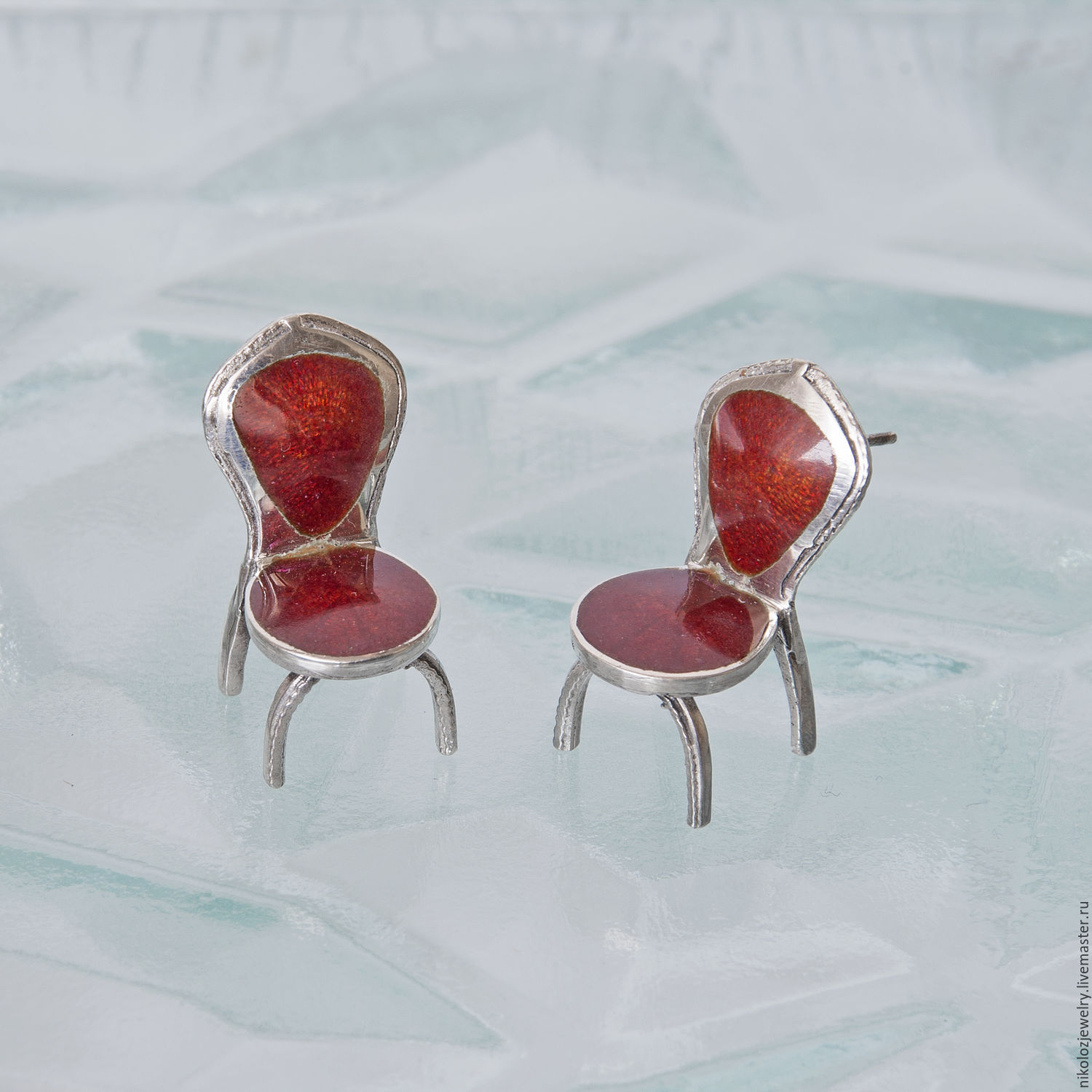 Red Chair Enamel Earrings. Stud Fun Earrings Stool Enameled Jewelery, Earrings, Vilnius,  Фото №1