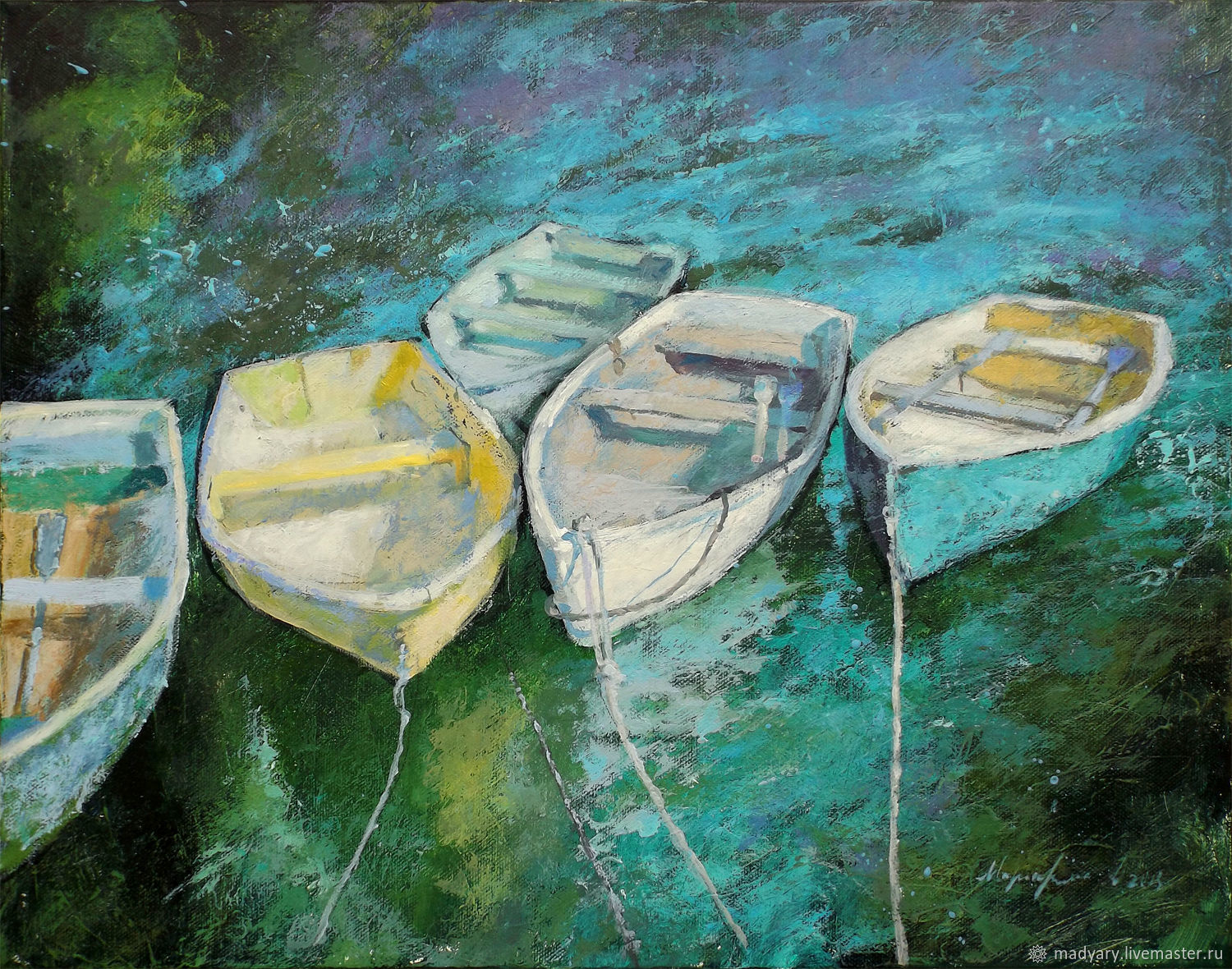 Картина на холсте Лодочки на озере (изумрудный, зеленый, белый), Картины, Смоленск,  Фото №1