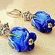 Серебряные серьги с розами лэмпворк и swarovski "Royal Blue". Серьги классические. Farfalla Design by Olga Kadaner. Интернет-магазин Ярмарка Мастеров.  Фото №2