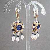 Украшения handmade. Livemaster - original item Blue earrings with lapis lazuli and pearl pendants, round earrings. Handmade.