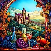 Картины и панно handmade. Livemaster - original item Painting stained glass Still life with grapes and wine. Landscape Fairy Castle. Handmade.