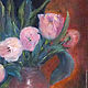 Oil painting. Tulips on a background of red with blue. Pictures. ArtShipilina. Online shopping on My Livemaster.  Фото №2