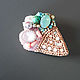 Ice cream brooch with swarovski crystals, seed beads, pearls, natural stones, corals, preciosa beads