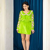 Одежда handmade. Livemaster - original item Vyshyvanka Dress Mini, Velvet Warm Dress Bright Green. Handmade.