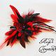 Bright red and black hair clip brooch with feathers of pheasant, Guinea fowl and rooster. Hairpins. Feather earrings Magic Temptation. My Livemaster. Фото №4