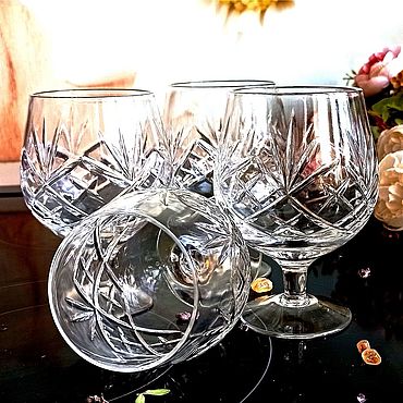 Set of Vintage Crystal Glass Pinwheel Cut Brandy Glasses c.1965