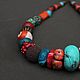 Bright, large beads created from gorgeous natural stones: red and orange coral, turquoise, howlite, chrysocolla, Jasper, shell, and volcanic lava, Tibetan beads handmade.
