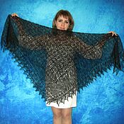 Hand knit embroidered shawl, Dark blue scarf, Bridal cape, Wool wrap