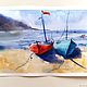 Watercolor Seascape with boats (turquoise orange sand). Pictures. Pastelena. My Livemaster. Фото №4