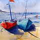 Watercolor Seascape with boats (turquoise orange sand), Pictures, Yuzhno-Uralsk,  Фото №1