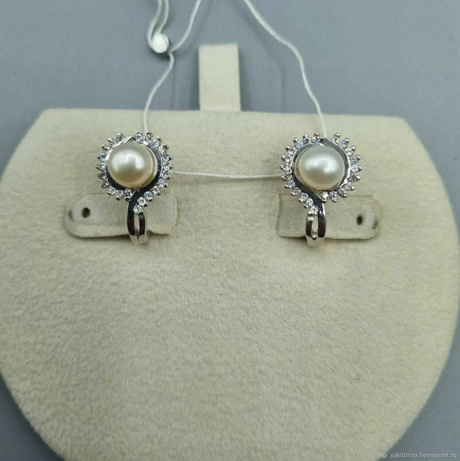 Silver earrings with white pearls 7 mm and cubic zirconia, Earrings, Moscow,  Фото №1