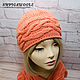 Knitted set coral color.Hat and boa.
