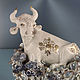 Винтаж: Корова бык теленок зубр статуэтка фарфор керамика перламутр Англия 1