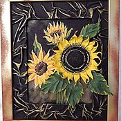 Картины и панно handmade. Livemaster - original item Volume picture of leather Sunflowers. Panels of leather.. Handmade.