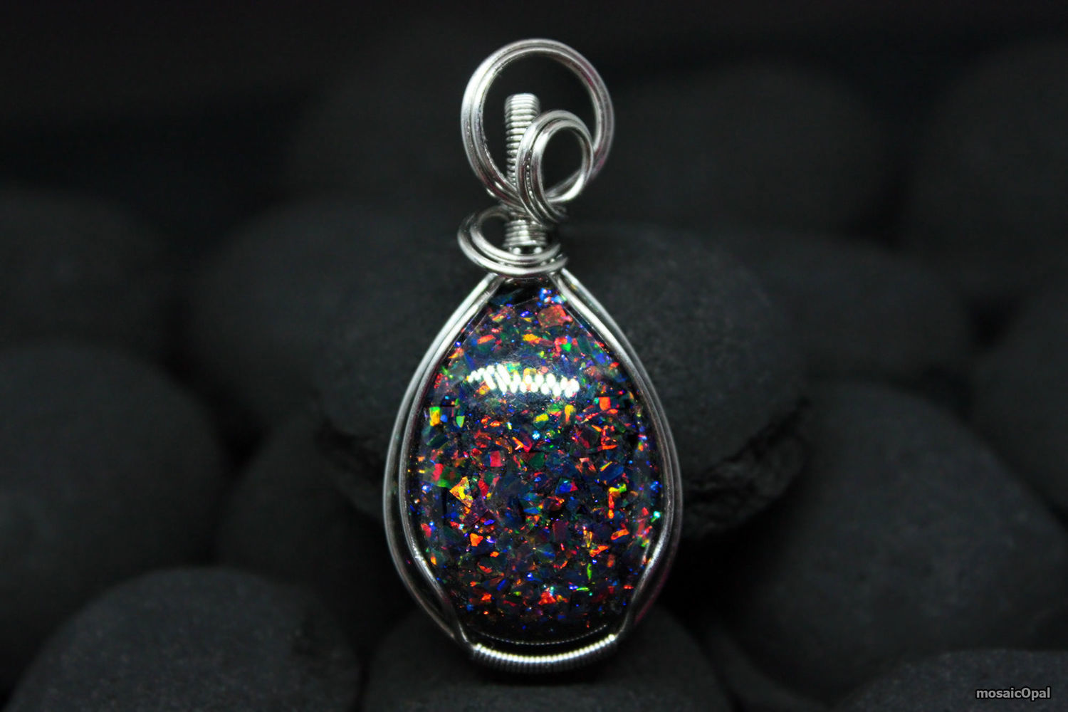 Drop pendant with laboratory black opals in steel wire, Pendants, Kamensk-Uralsky,  Фото №1