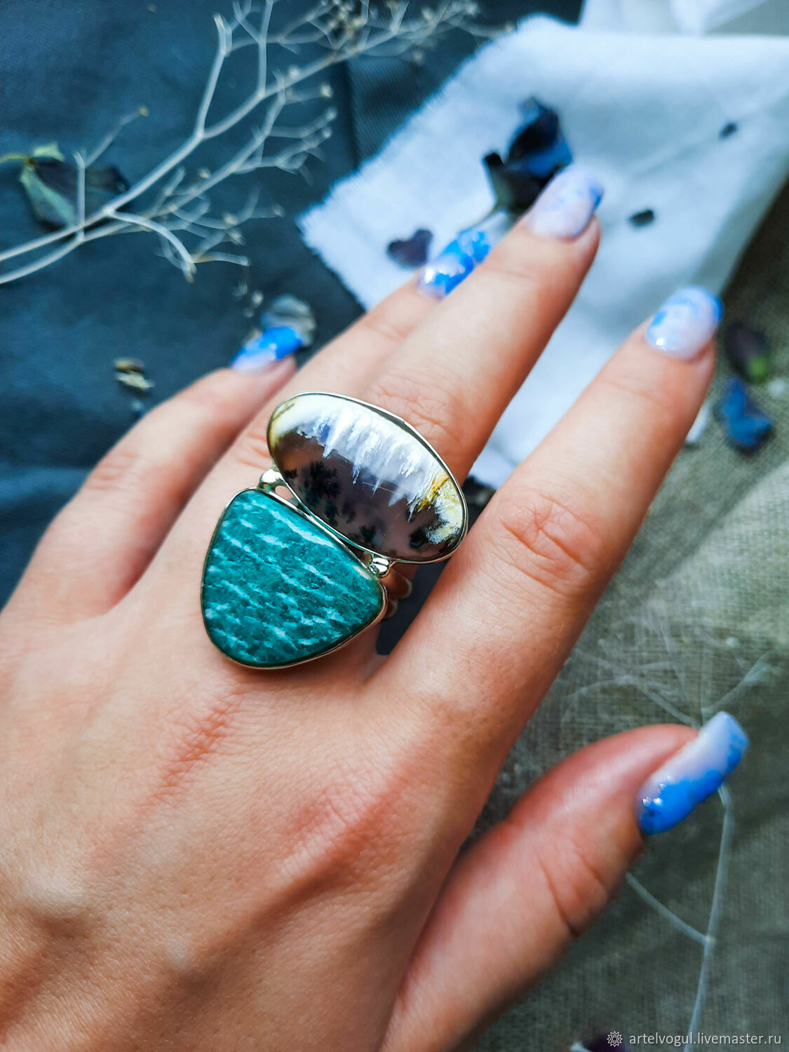 Double ring amazonite and moss agate, All finger ring, Nizhnij Tagil,  Фото №1