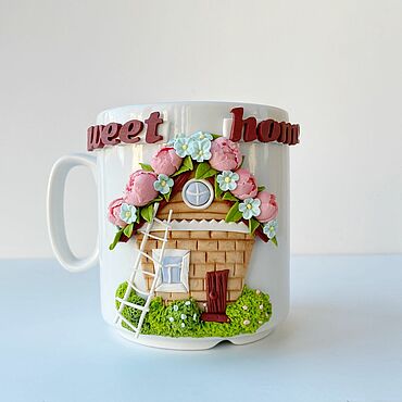 Кружка с декором из полимерной глины ландыши для красивого чаепития ...