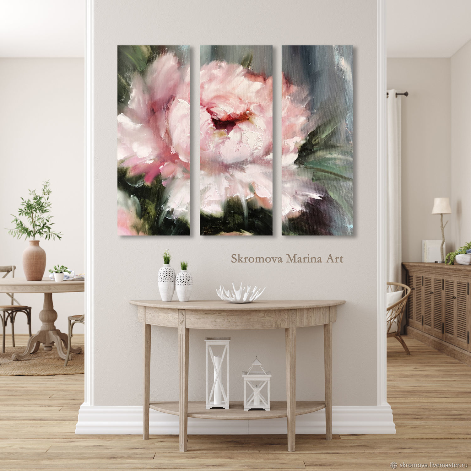 Delicate pink peony from 3 parts. Triple painting with a peony, Pictures, Moscow,  Фото №1