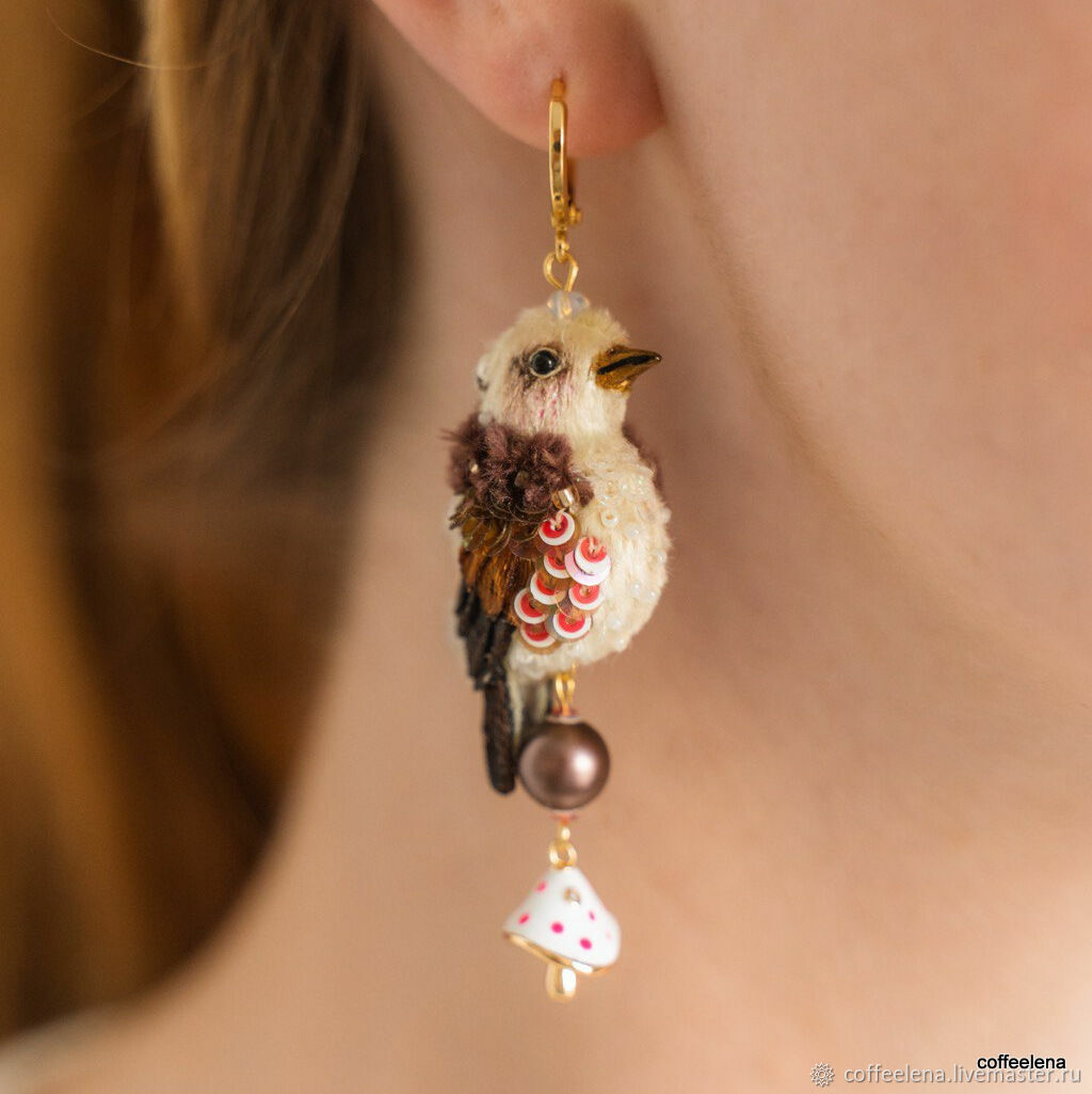 Bird Earrings 'Amanita'. Miniature birds, Earrings, Krasnodar,  Фото №1