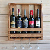 Полка винная деревянная Мэй на 3 винные бутылки с полкой для бокалов