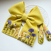 Украшения handmade. Livemaster - original item A set of a bow and 2 Hairpins - linen, embroidery 