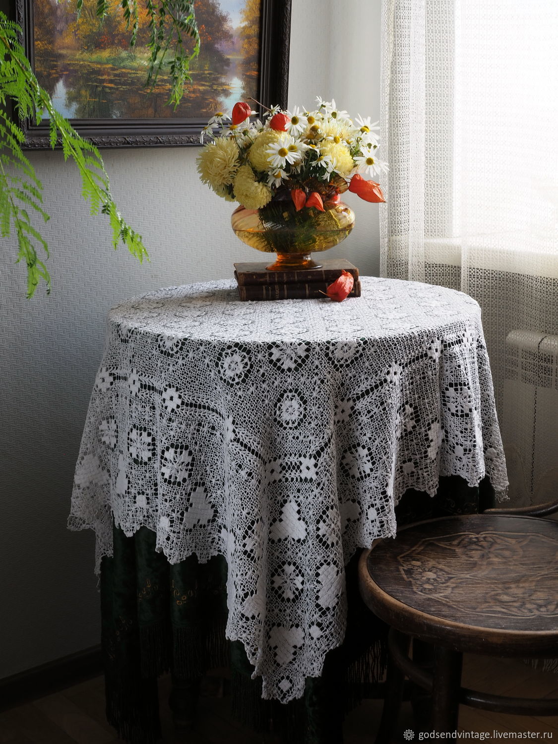Nizhny Novgorod guipure tablecloth, stitch embroidery on proderg, Vintage interior, St. Petersburg,  Фото №1